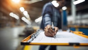 Blurred person with hand in center of frame in focus, holding pen and writing on schematics attached to a drafting table.